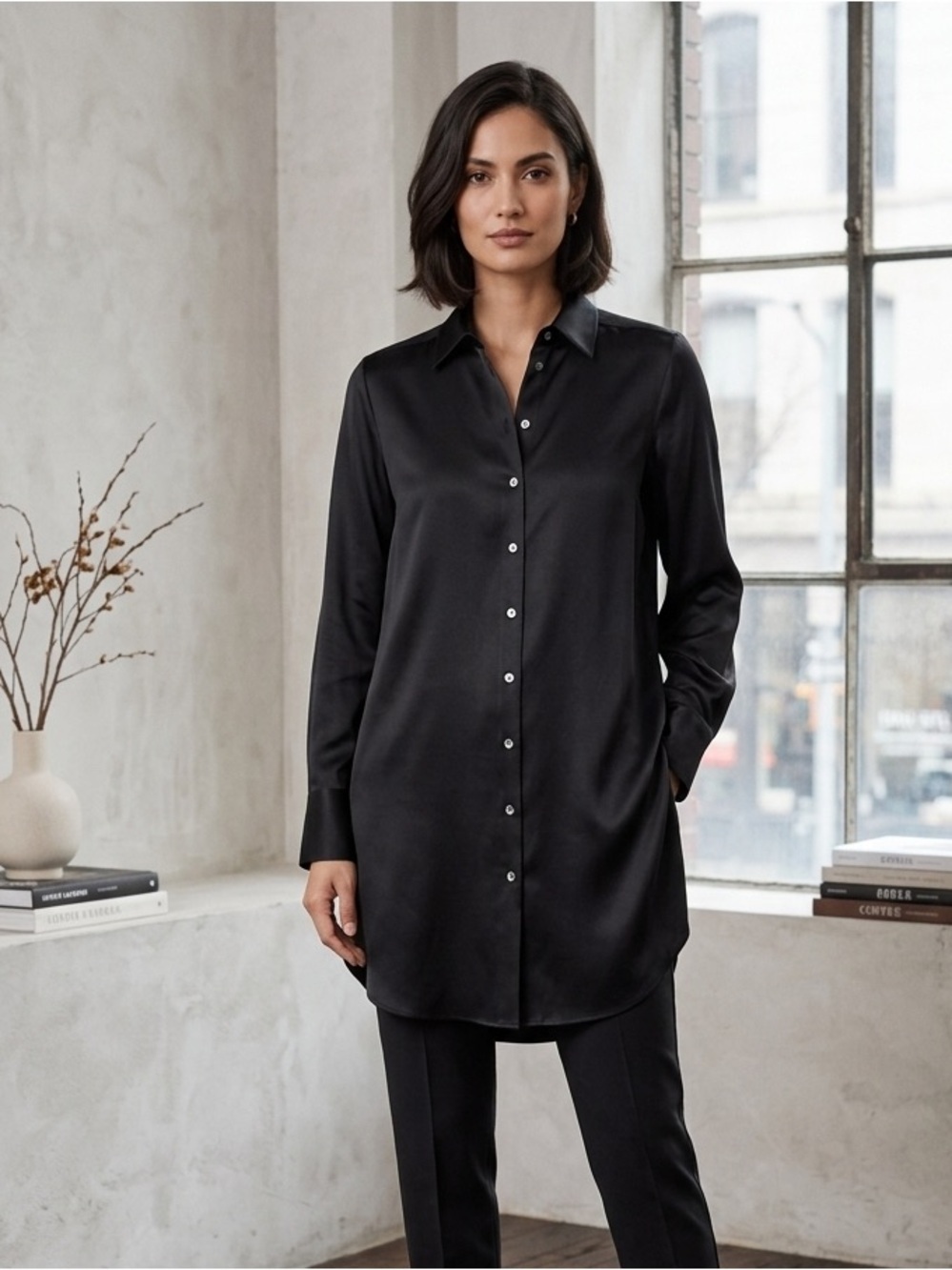 REPEAT The Shirt Black Satin Button-Up size 40/M